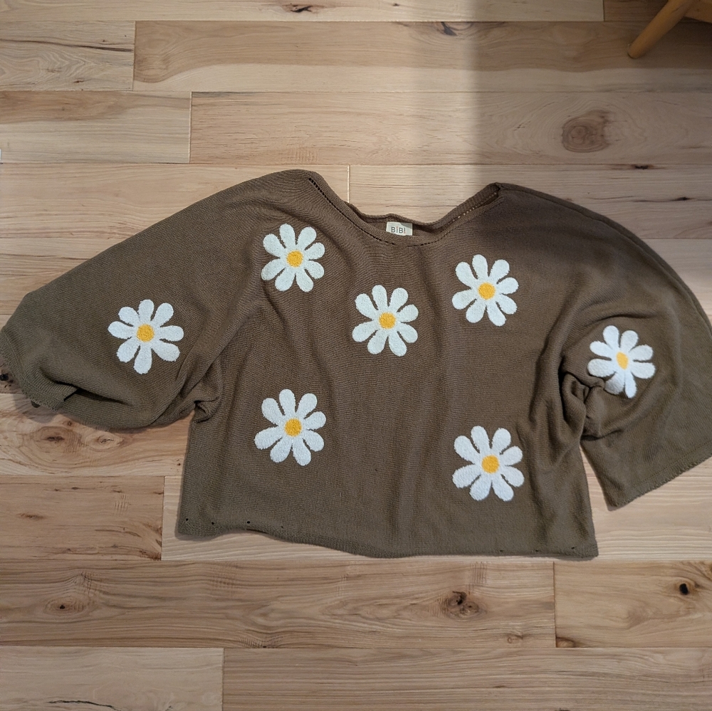 Bibi Women's Light Brown Daisy Oversized Sweater Top 1XL Wide Sleeves